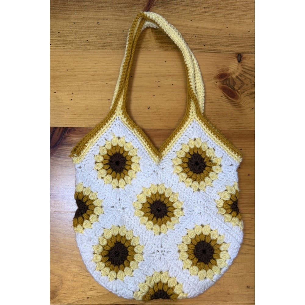 Crocheted Granny Square Sunflower Purse Boho Retro Shoppers Tote Bag